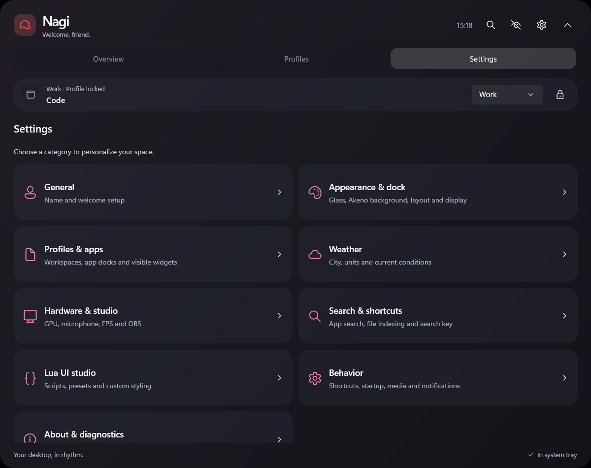 Nagi Settings window with cards for General, Appearance and dock, Profiles, Weather, Hardware and studio, Search, Lua, Behavior and Diagnostics